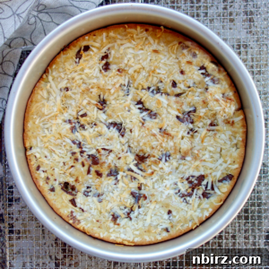 Wholesome Vegan Coconut Almond Flour Cake Grain-Free and Oil-Free 2 vegan coconut almond flour cake in a silver cake pan on top of a wire cooling rack