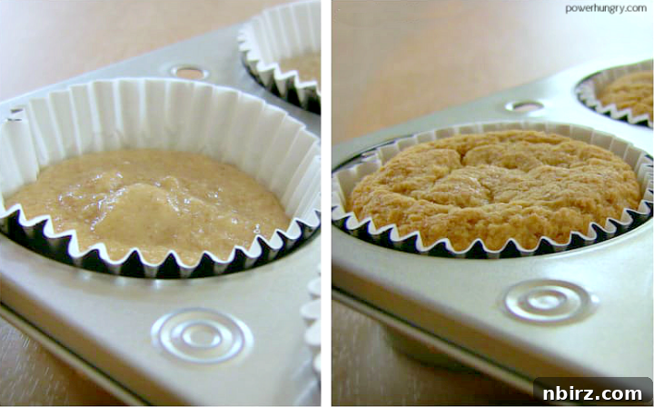 Allergy-Friendly Vegan Coconut Flour Cupcakes 4 A helpful collage demonstrating the correct way to partially fill muffin cups with coconut flour cupcake batter to ensure proper rising.