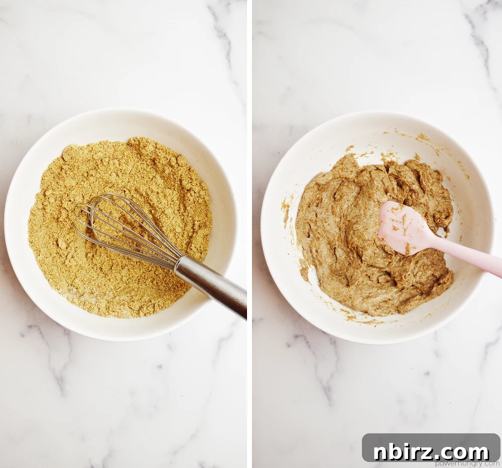 Effortless Keto Flaxseed Wraps 5 A two-photo collage demonstrating the process of making flaxseed tortilla dough in white bowls.