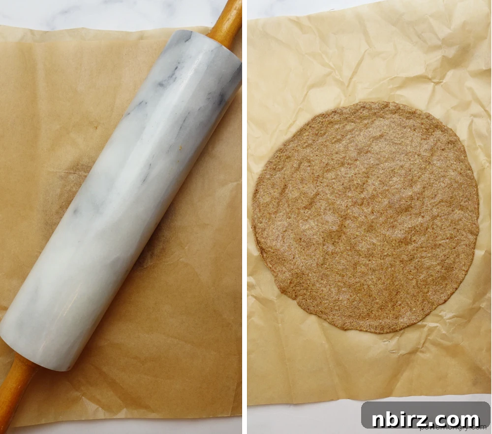 Effortless Keto Flaxseed Wraps 7 A two-photo collage showing the process of rolling out the flax seed tortillas between sheets of parchment paper.