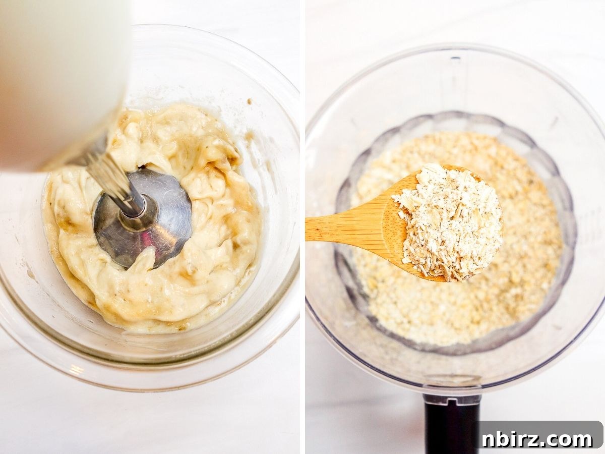 Wholesome Two-Ingredient Banana Oat Cookies 4 A two-photo collage illustrating the essential preparation steps: finely pureed bananas and roughly chopped oats.