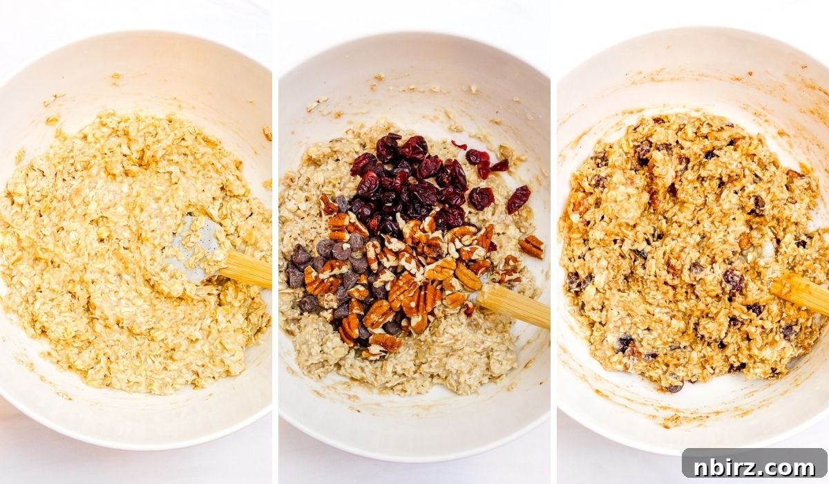 Wholesome Two-Ingredient Banana Oat Cookies 5 A three-photo collage demonstrating the cookie dough preparation process for banana oat cookies.