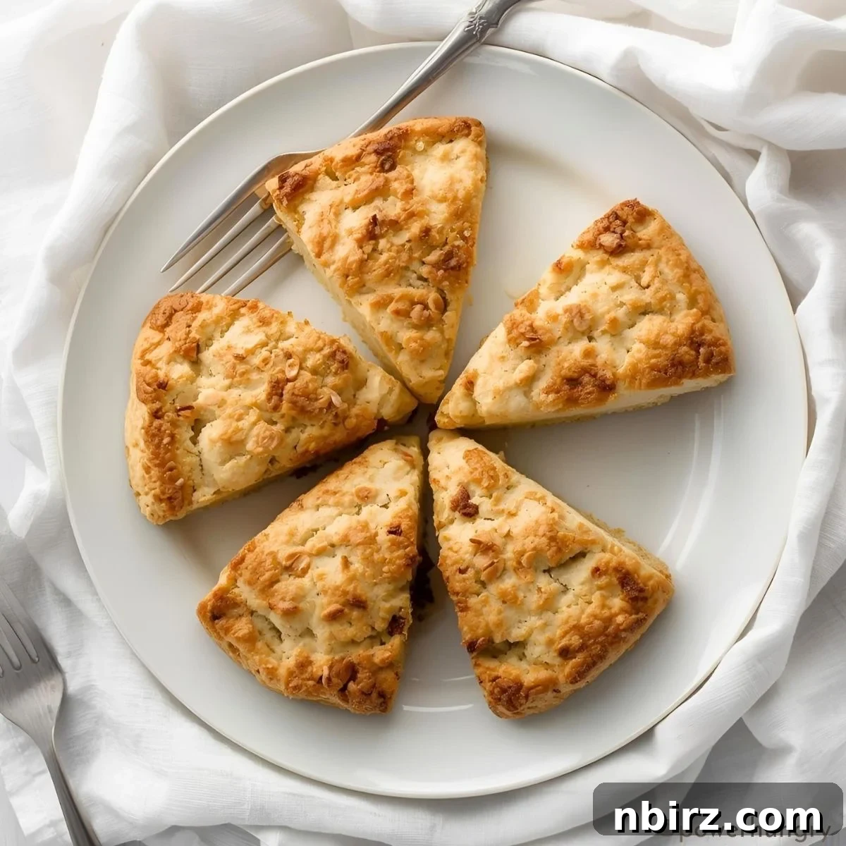 Wholesome Plant-Based Gluten-Free Pear Oat Scones 2 White plate with several freshly baked oat and pear scones, garnished with a sprinkle of oat flakes