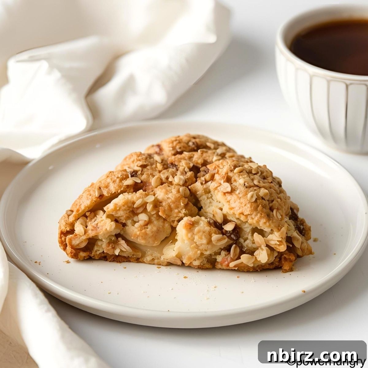 Wholesome Plant-Based Gluten-Free Pear Oat Scones 3 A single oat and pear scone on a white plate, showcasing its golden brown crust and tender interior