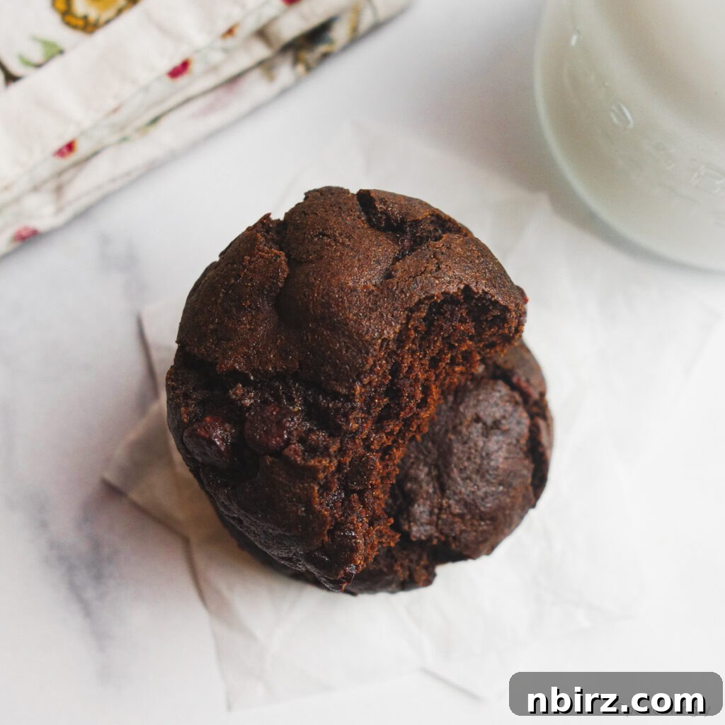 Indulgent Vegan Chocolate Buckwheat Cookies (Gluten-Free Oil-Free) 3 A stack of two chocolate buckwheat cookies, with a bite taken out of the top one revealing its soft interior and melted chocolate chips.