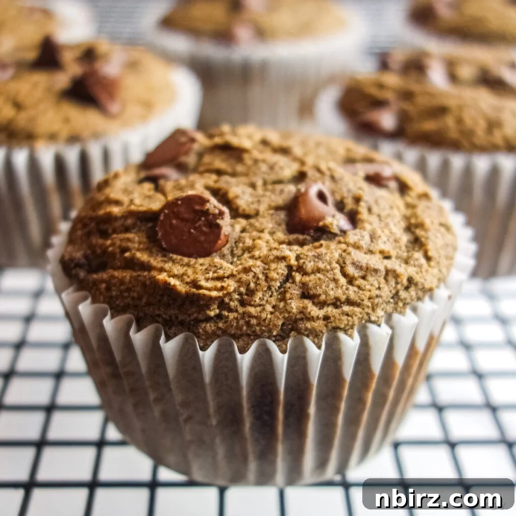 A close-up view of a single, perfectly baked buckwheat flour muffin resting on a black cooling rack, highlighting its textured surface.