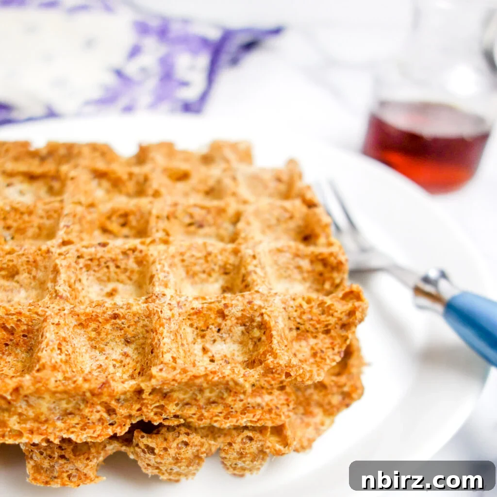 One-Bowl Vegan Flax Waffles (Keto, Gluten-Free Option) 2 Two golden flax waffles on a white plate, ready to be enjoyed