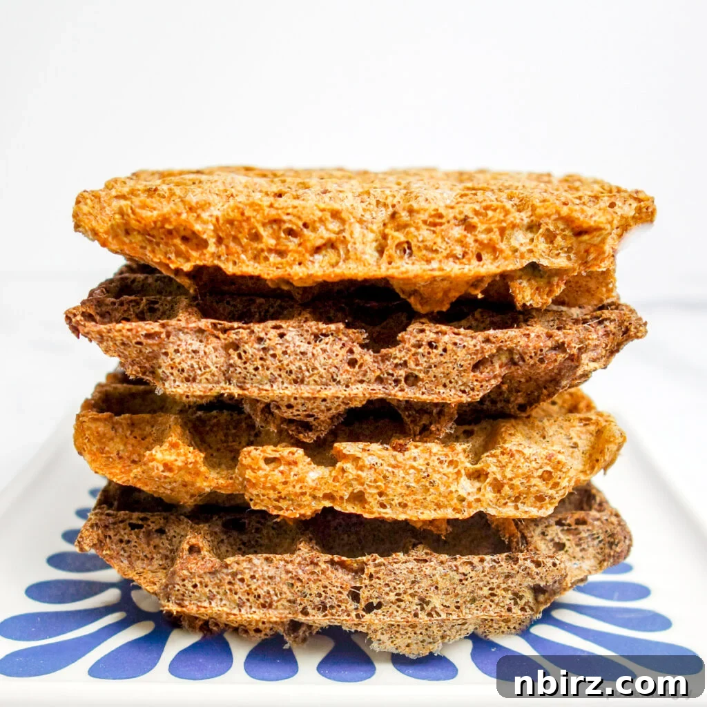 One-Bowl Vegan Flax Waffles (Keto, Gluten-Free Option) 13 Stack of four vegan flax waffles, highlighting their potential for customization with spices and herbs
