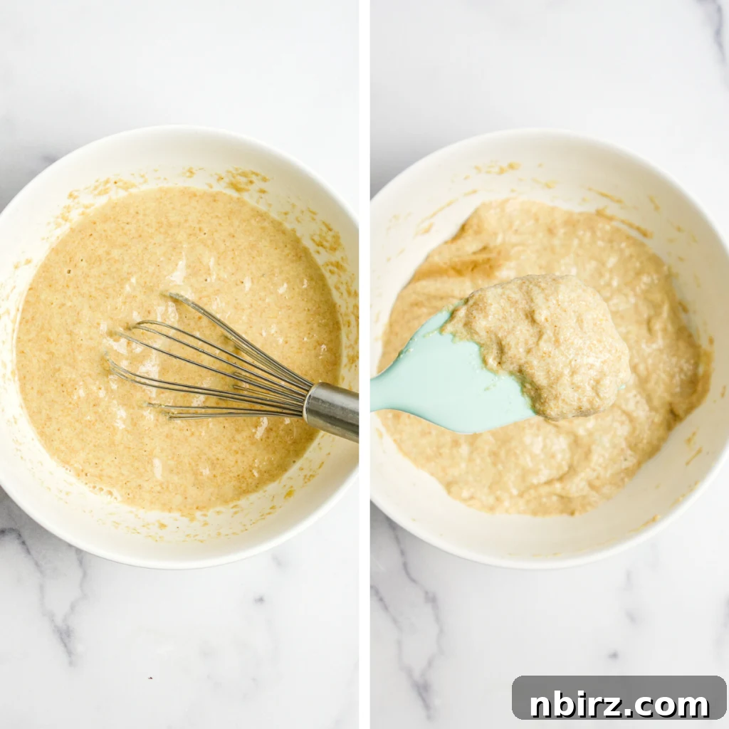 One-Bowl Vegan Flax Waffles (Keto, Gluten-Free Option) 8 Two-photo collage showing the flax waffle batter before and after resting, highlighting the thickening process