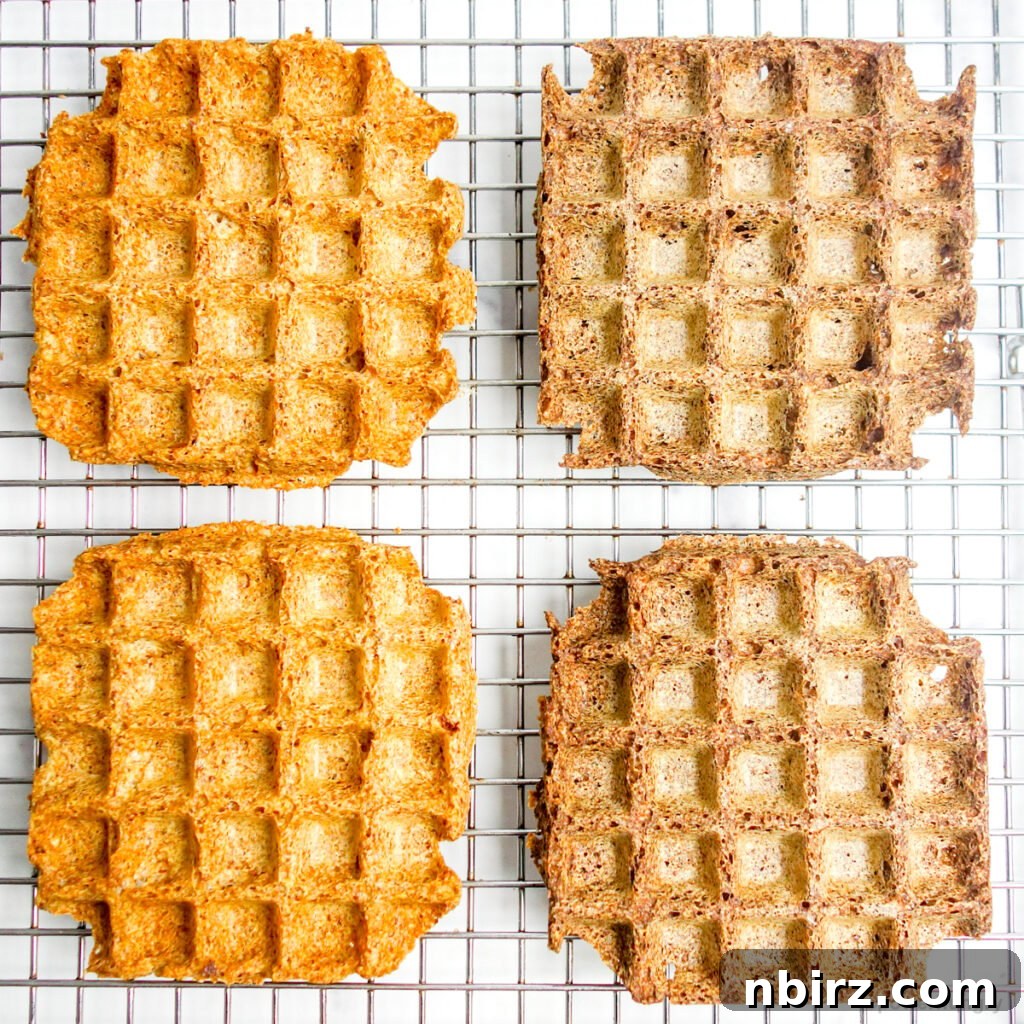 One-Bowl Vegan Flax Waffles (Keto, Gluten-Free Option) 10 Vegan flax waffles cooling on a silver cooling rack, showcasing their crispy texture