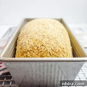 A freshly baked gluten-free vegan sandwich bread resting in a metal loaf pan.