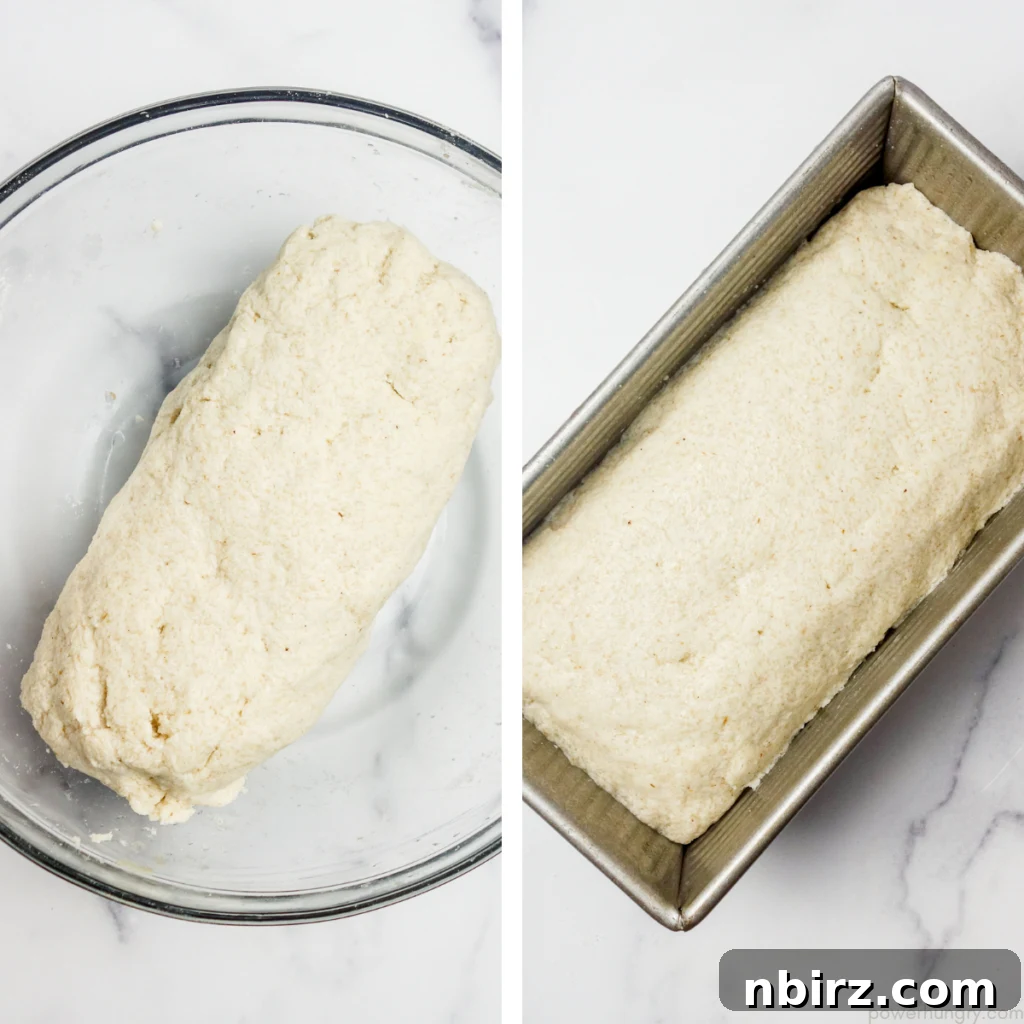 The coconut flour bread dough, first in a glass bowl and then neatly shaped in a loaf pan, ready for baking.