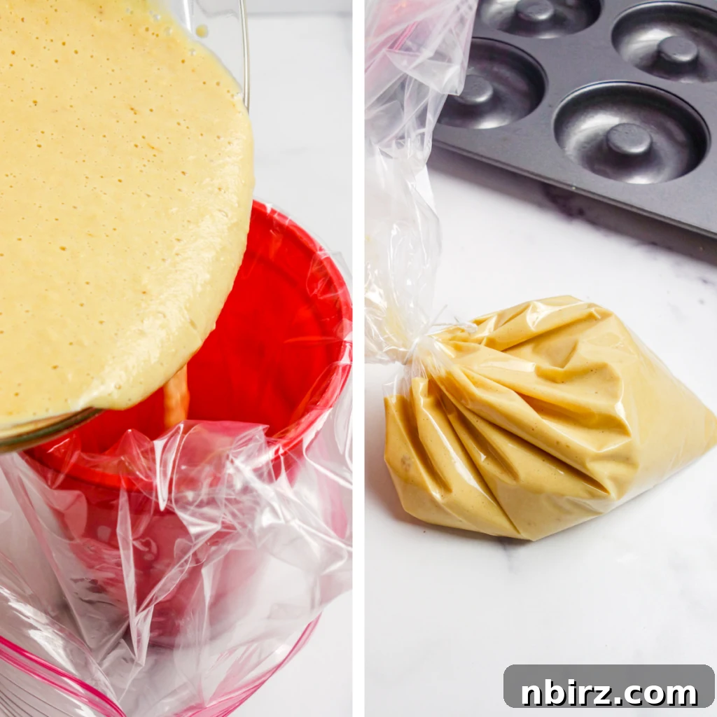 Fluffy Oil-Free Gluten-Free Vegan Chickpea Bagels 5 2 photo collage showing how to fill a piping bag with batter