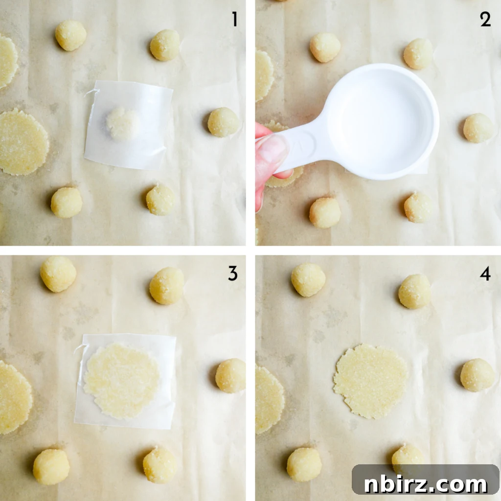 A four-photo collage illustrating the step-by-step process of flattening almond flour cracker dough using a measuring cup and parchment paper.