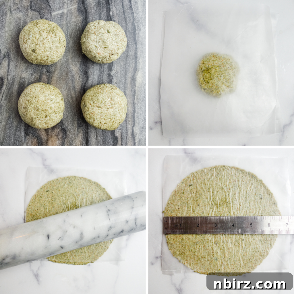 Two-Ingredient Protein-Packed Pumpkin Seed Tortillas 7 A four-photo collage illustrating the process of shaping pepita tortilla dough into thin, even circles using a rolling pin and plastic wrap.