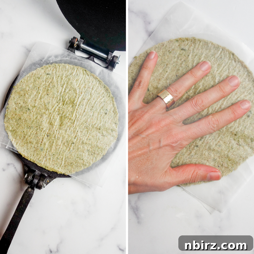 Two-Ingredient Protein-Packed Pumpkin Seed Tortillas 8 A two-photo collage demonstrating alternative methods for pressing tortillas, including using a rolling pin and a manual tortilla press.