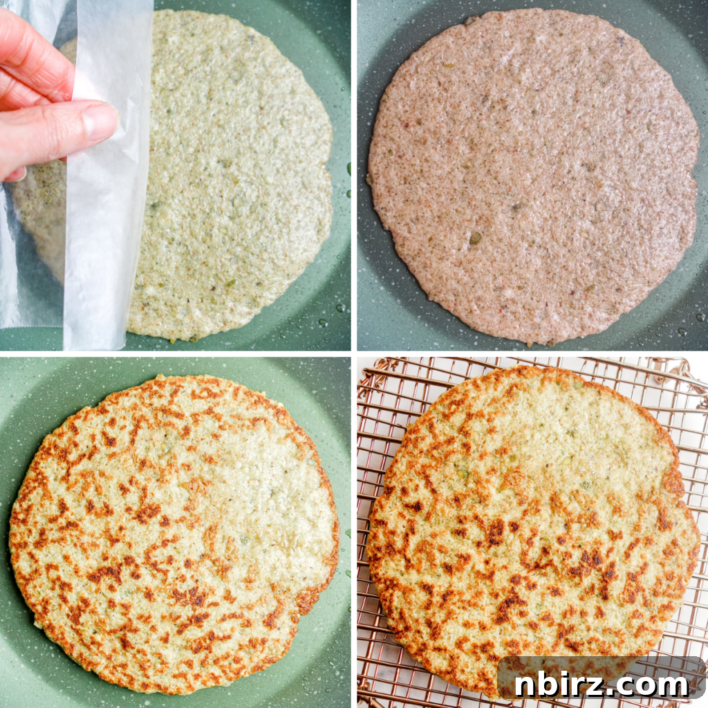 Two-Ingredient Protein-Packed Pumpkin Seed Tortillas 9 A four-photo collage detailing the cooking process of grain-free vegan tortillas, from placing on the skillet to flipping and browning.