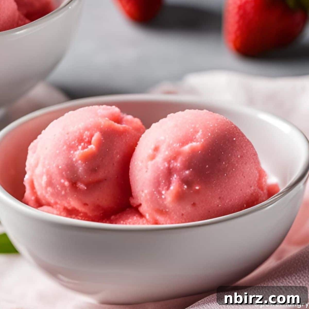 No-Fuss Two-Ingredient Strawberry Sorbet 3 Close-up of creamy, bright red 2-ingredient strawberry sorbet served in a white ceramic bowl.