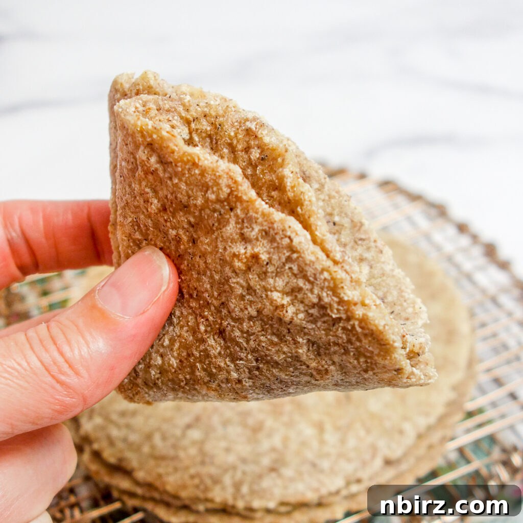 A person's fingertips delicately holding a single millet flax tortilla, folded twice into perfect quarters, demonstrating its sturdy yet flexible nature.