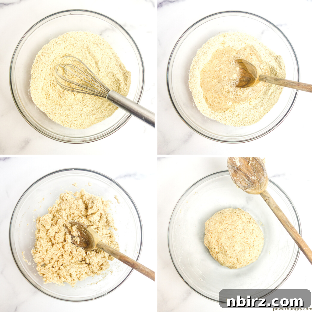 A four-photo collage illustrating the step-by-step process of mixing and forming the millet flax tortilla dough, showing its transformation from dry ingredients to a cohesive ball.