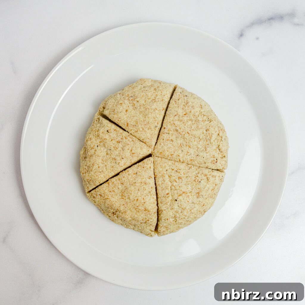 A perfectly portioned millet flax tortilla dough resting on a white plate, expertly cut into five equal wedges, ready for shaping.