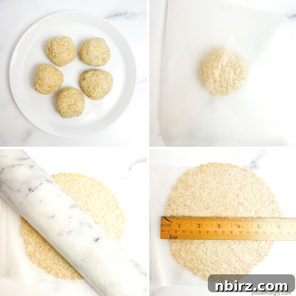 A four-photo sequence showing the process of rolling out a single millet flax tortilla between two sheets of plastic wrap using a rolling pin.
