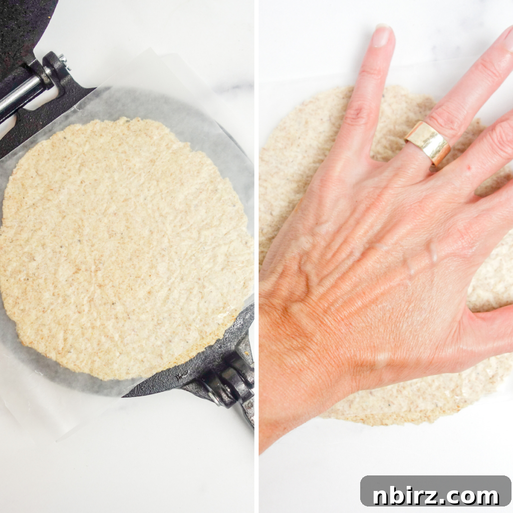 A two-photo collage demonstrating alternative methods for flattening tortilla dough: one using a wine bottle as a rolling pin, and another using a tortilla press for efficiency.