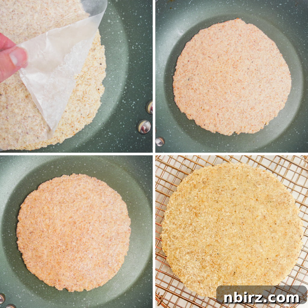 A four-panel photo series demonstrating the cooking process of millet flax tortillas, from placing the dough in the pan to flipping and finishing, showing the subtle bubbling and browning.