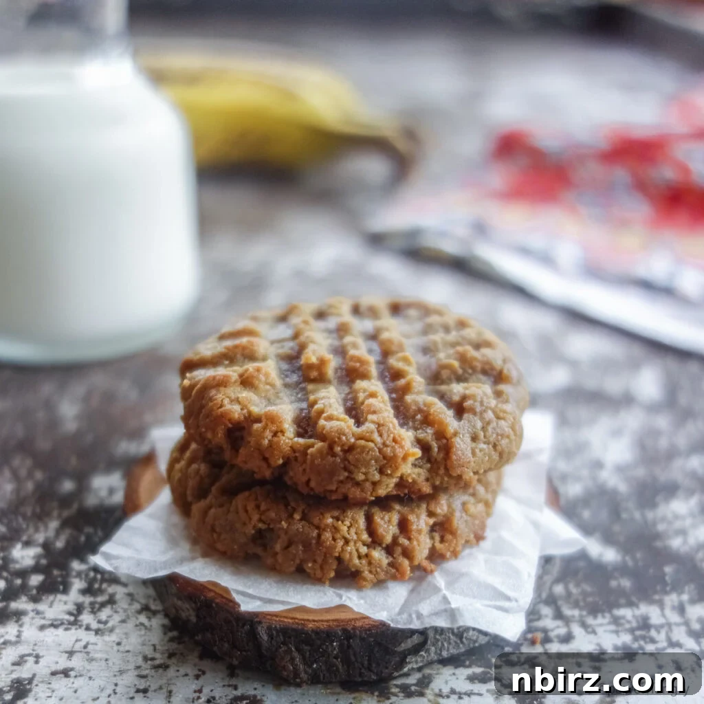 Effortless Two-Ingredient Vegan Gluten-Free Oil-Free Peanut Butter Banana Cookies 2 two peanut butter banana cookies with milk and bananas in the background
