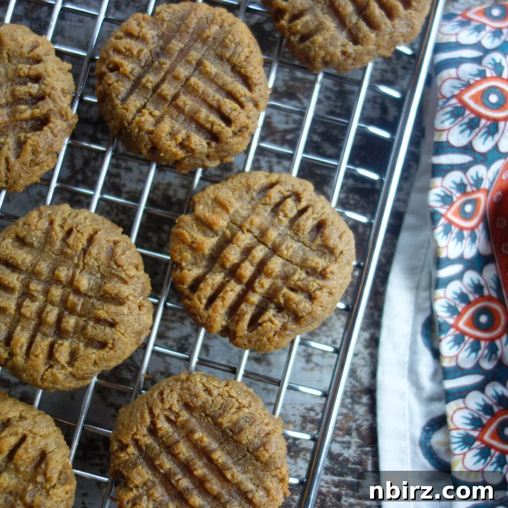 Effortless Two-Ingredient Vegan Gluten-Free Oil-Free Peanut Butter Banana Cookies 13 cookies cooling on a cooling rack with a colorful napkin alongside