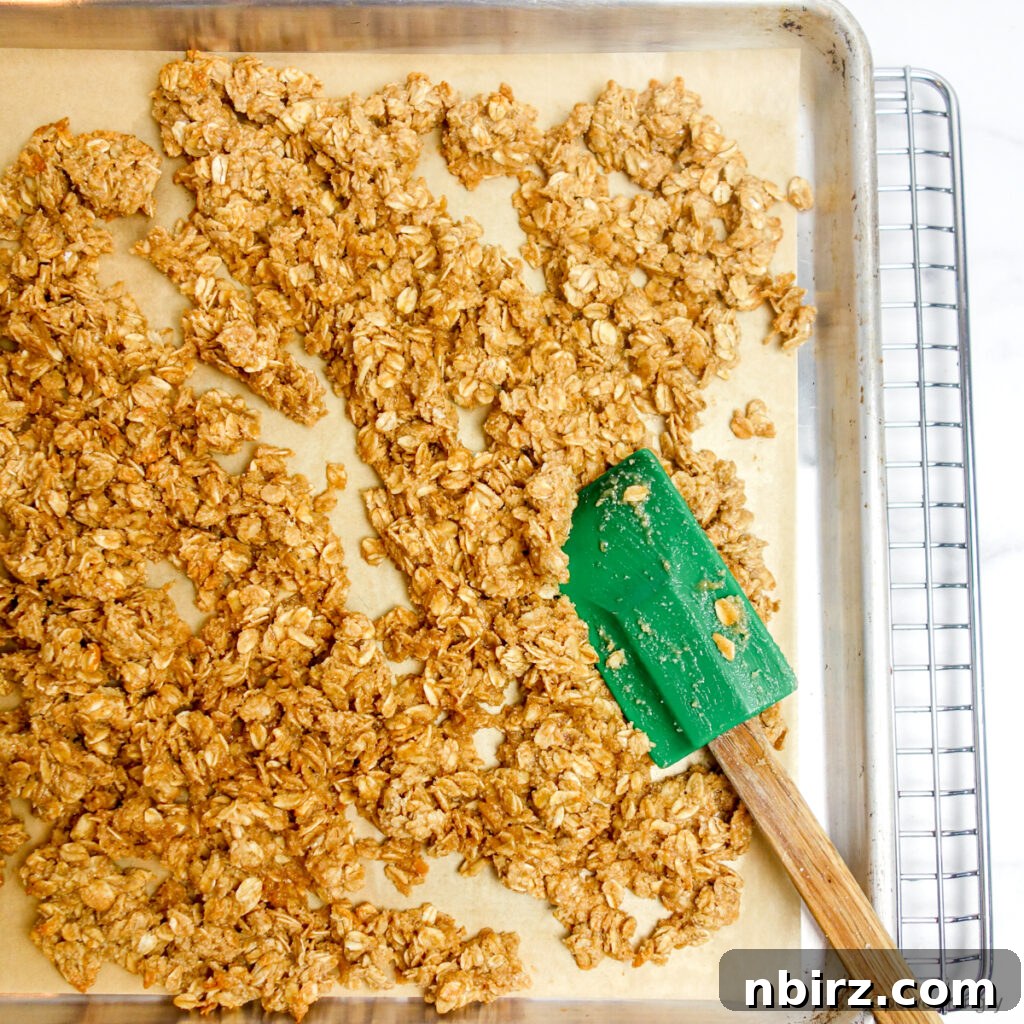 An unbaked granola mixture, golden and cohesive, is meticulously spread in a thin, even layer on a parchment-lined baking sheet, meticulously prepared and awaiting its transformative journey in the oven.