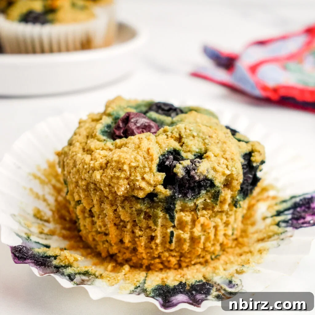 Vegan Gluten Free Blueberry Coconut Oat Muffins 3 a coconut flour blueberry muffin with the muffin paper peeled back
