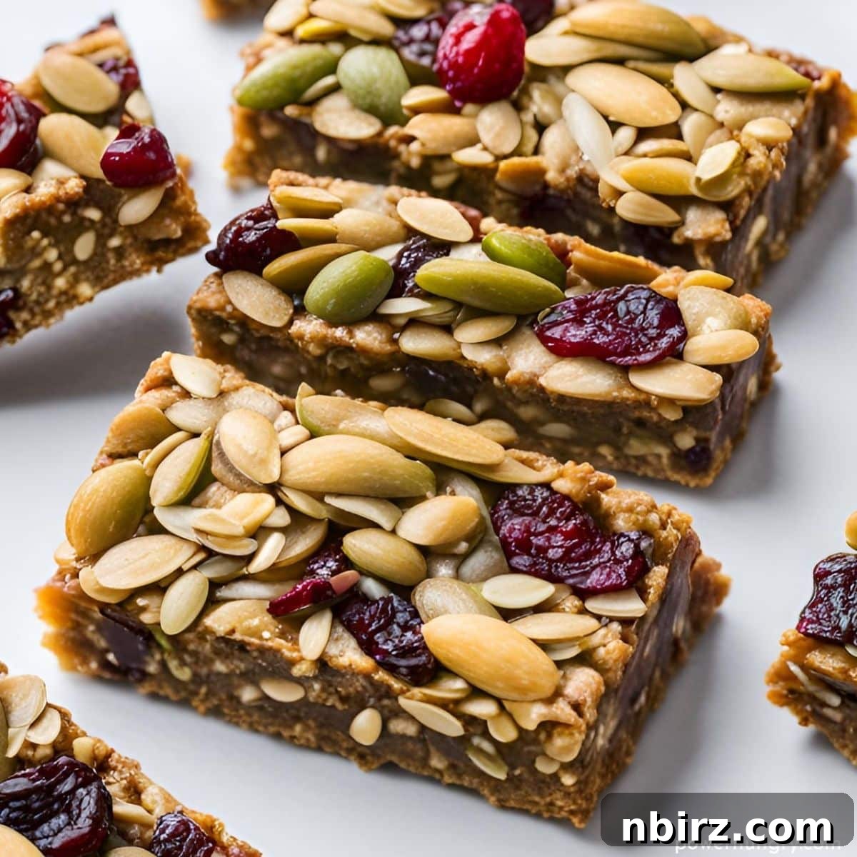 No Bake Grain Free Vegan Chickpea Protein Bites 7 Freshly sliced chickpea power bars with visible cranberries and pepitas on a white background.