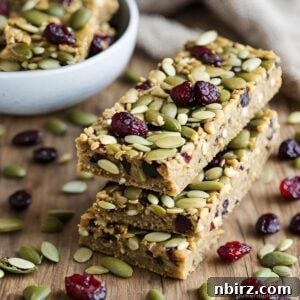 No Bake Grain Free Vegan Chickpea Protein Bites 8 chickpea protein bars with cranberries and pepitas, all on a wooden cutting board
