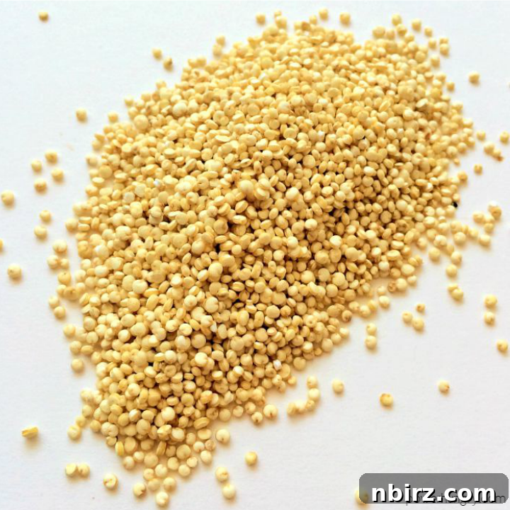 Overhead shot of white quinoa grains on a pristine white background, ready for cooking.