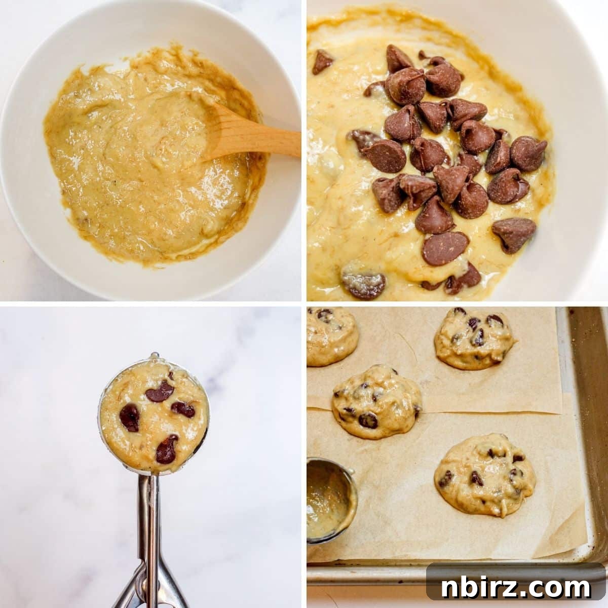 4 photo collage showing the making of banana bread chocolate chip cookie dough