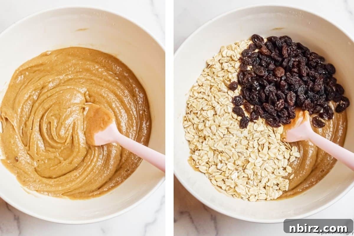 Wholesome Vegan Oatmeal Raisin Cookies No Oil No Gluten 4 A two-photo collage showing the process of mixing vegan oatmeal cookie dough in a white bowl, illustrating the texture and consistency.