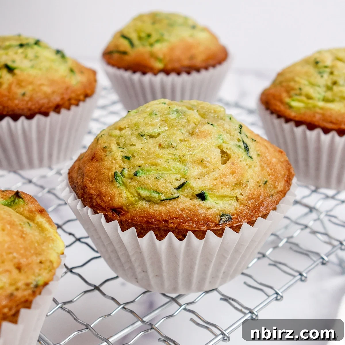 Delicious 3-ingredient chickpea flour zucchini muffins cooling on a silver rack, ready to be enjoyed.