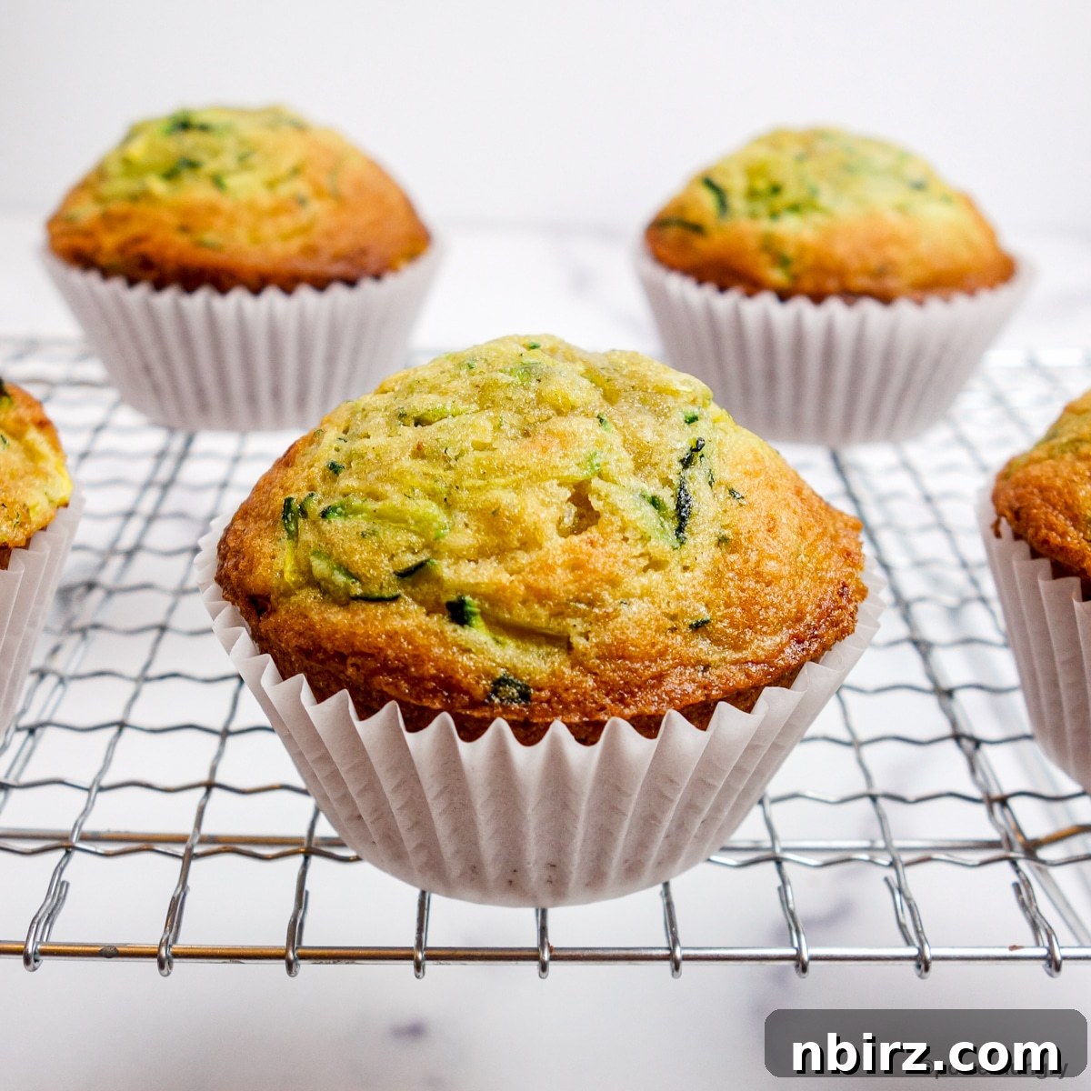 Three 3-ingredient vegan zucchini muffins resting on a cooling rack, freshly baked and ready to be stored or served.