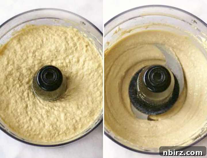 Creamy Oil-Free Hummus Without Tahini 4 A collage showing the process of making hummus in a food processor, highlighting the blending and creamy texture.