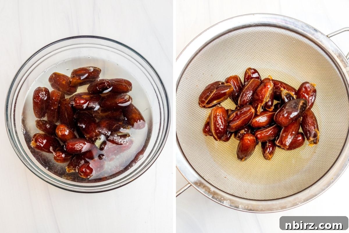 Soaking Dates for Caramel Dip Pitted dates soaking in boiling water in a small glass bowl to soften them for the dip.