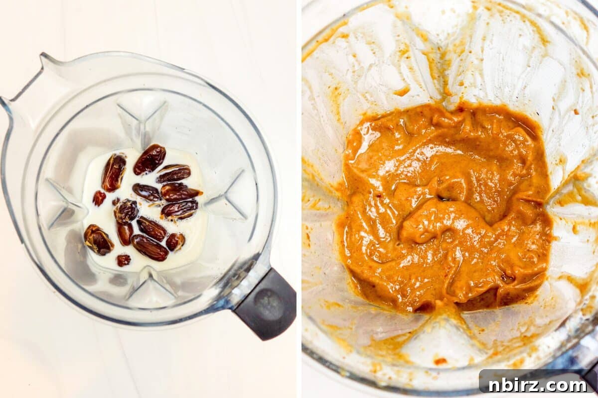 Blending Date Caramel Dip The date caramel dip being created in a high-speed blender, showing a smooth, creamy texture.