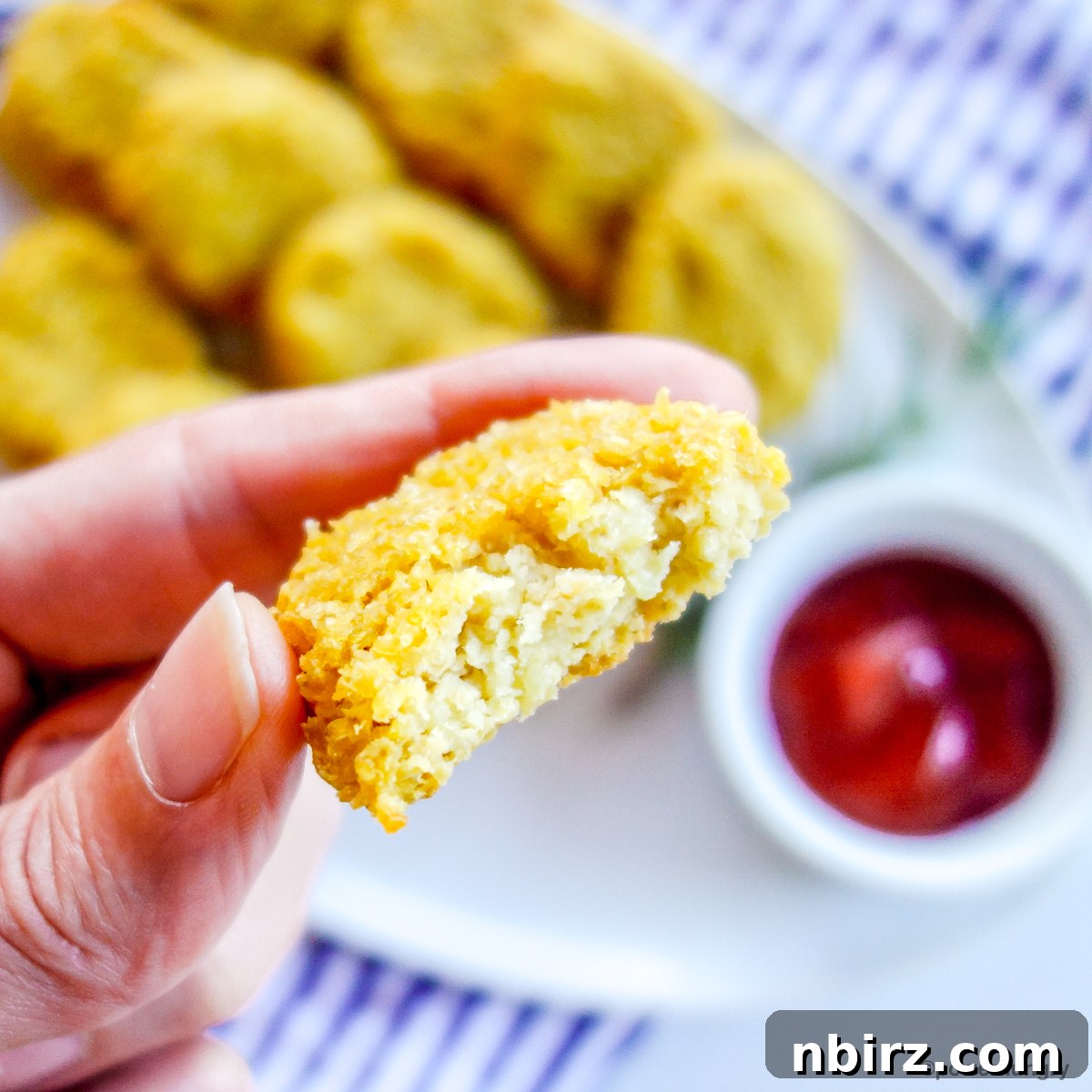 Protein-Packed Millet Nuggets: Just Two Ingredients 11 A millet nugget with a bite taken out, showing its tender, textured interior