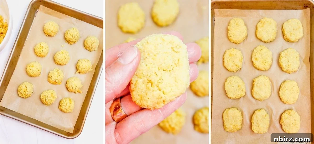 Protein-Packed Millet Nuggets: Just Two Ingredients 7 Three-photo collage demonstrating how to portion, shape, and flatten millet mixture into nugget form