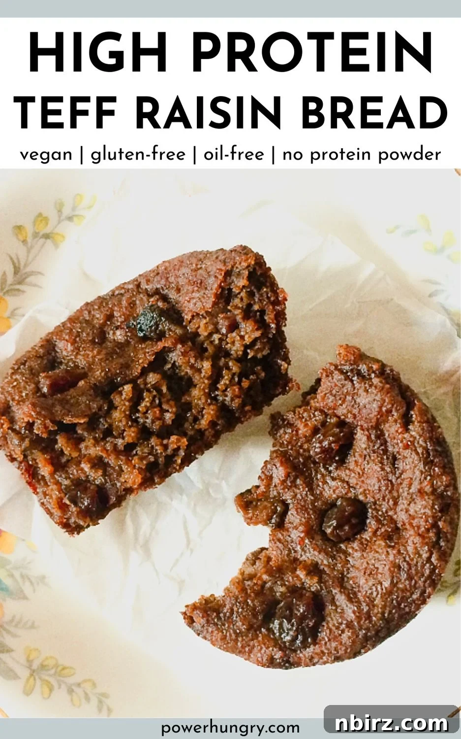 Protein Packed Teff Raisin Loaf 6 High protein teff raisin bread on a china plate
