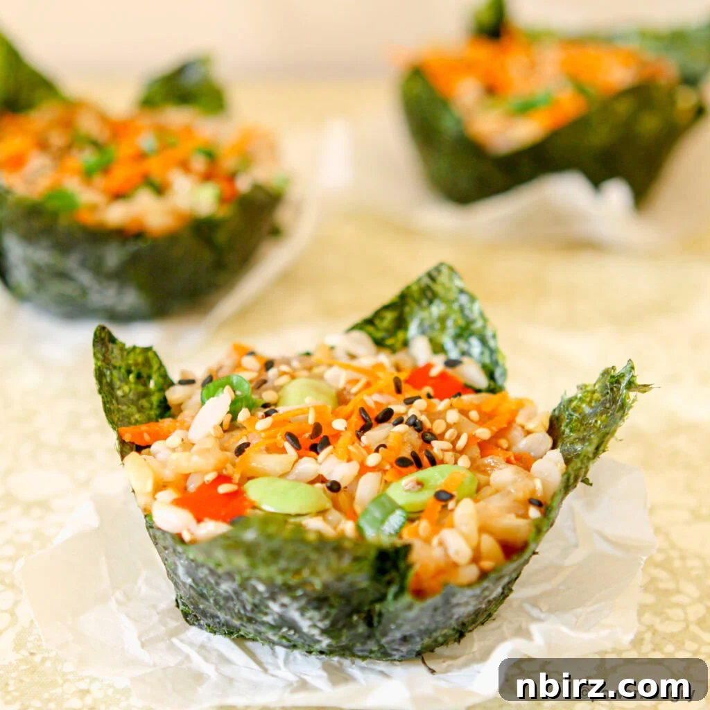 Effortless Plant-Based Gluten-Free Sushi Cups 2 Delicious vegan muffin tin sushi arranged neatly on a beige and white napkin, showcasing vibrant colors and perfect portion sizes.