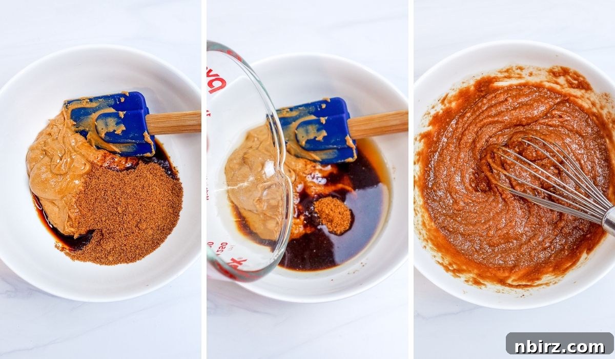 A collage of three images demonstrating the process of mixing wet ingredients for chocolate chip flax cookies in a bowl.