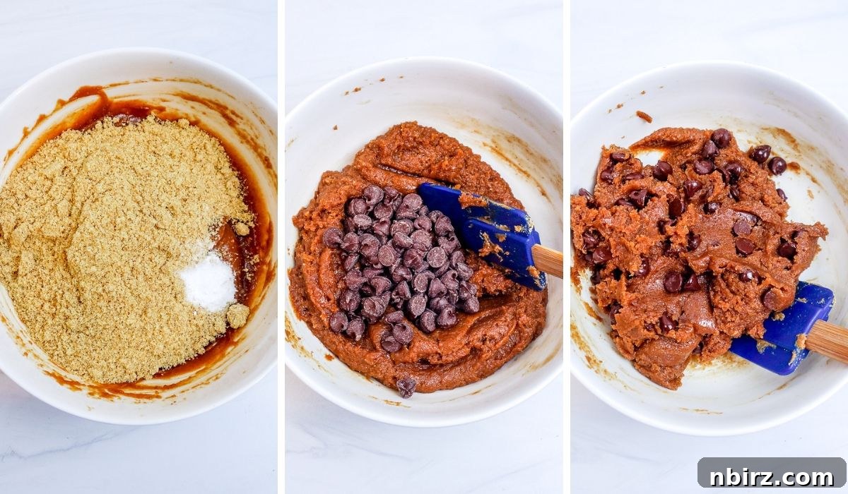 A three-photo collage showing the step-by-step mixing of flaxseed meal, baking soda, salt, and chocolate chips into the cookie dough.