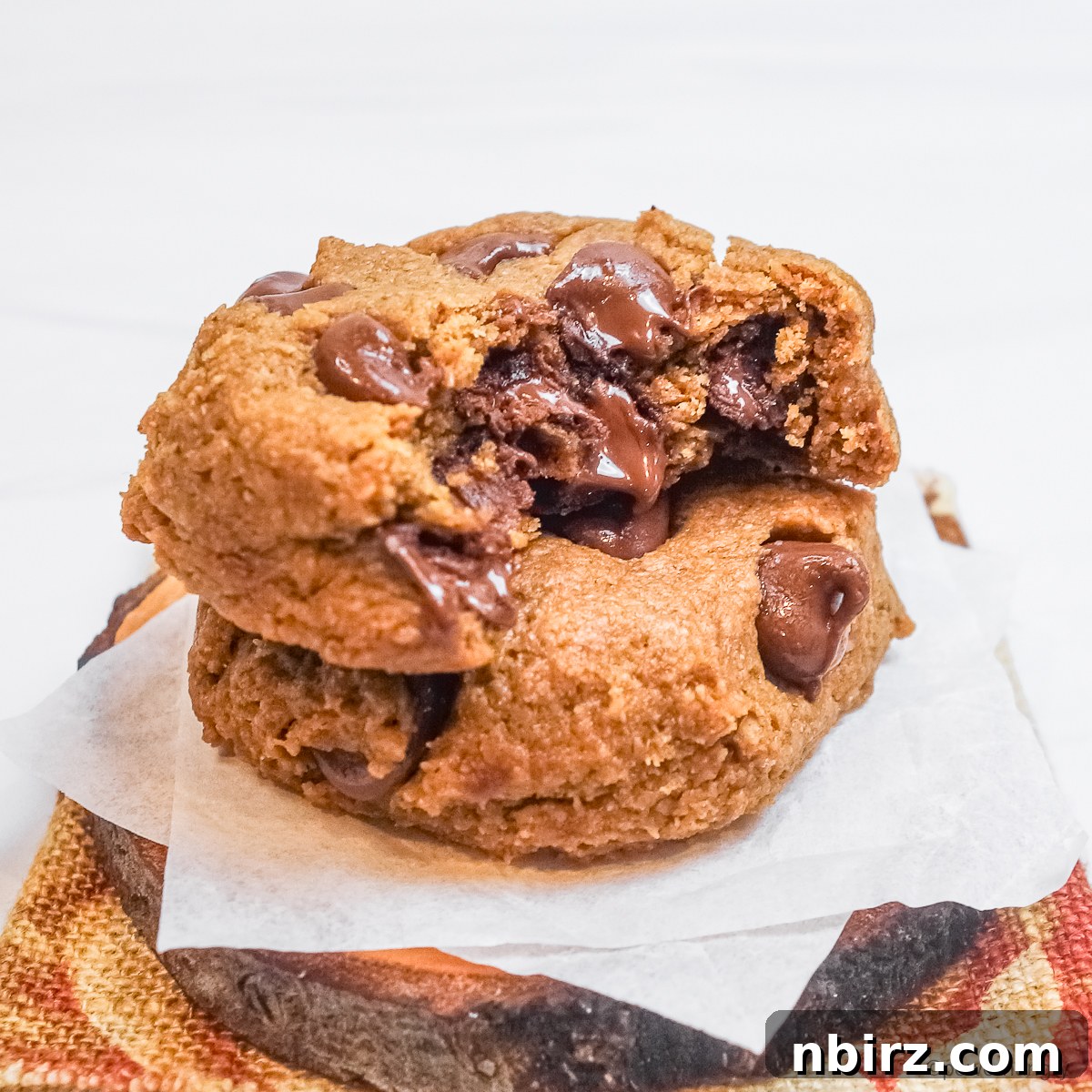 Two chocolate chip flax cookies, one intact and one with a bite taken out, resting on a cooling rack to reveal their chewy interior and chocolate goodness.