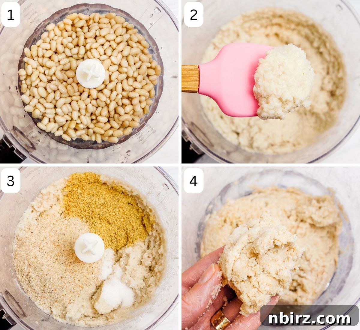 13g Protein Packed White Bean Bagels 2 A four-photo collage showing the transformation of soaked white beans into a smooth dough for bagels: plump beans, initial rough blend, smooth bean paste, and final soft dough.
